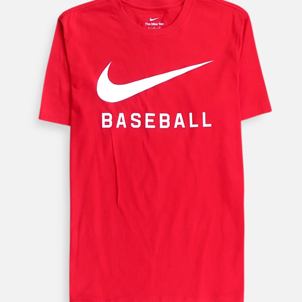 Nike Red Tee with White Swoosh and BASEBALL Graphic